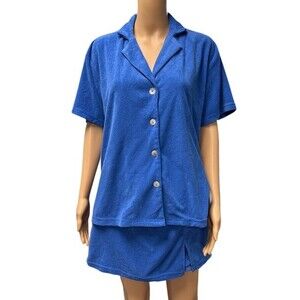 NIA Melrose Terry Cloth Set Short Sleeve Button Up Mini Skort Women's Azul Blue
